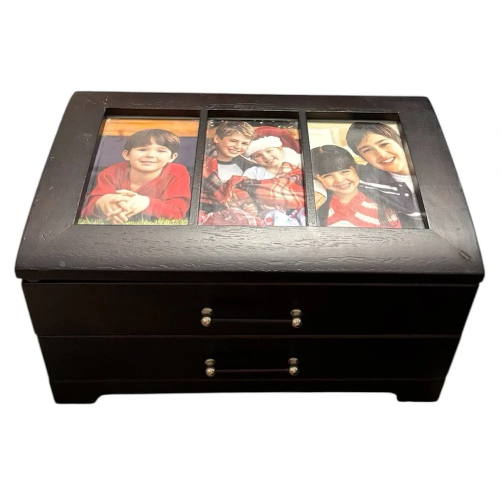 Vintage Dark Wood Jewelry Box 2-Drawer Glass Lid Trinket Organizer Picture Frame